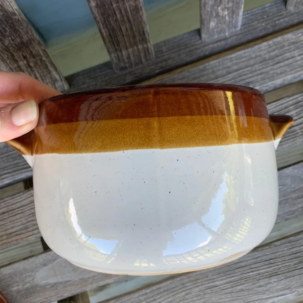 Vintage 3-Tone Stoneware Crock Bean Pot with Lid Brown Cook N Serve Farmhouse